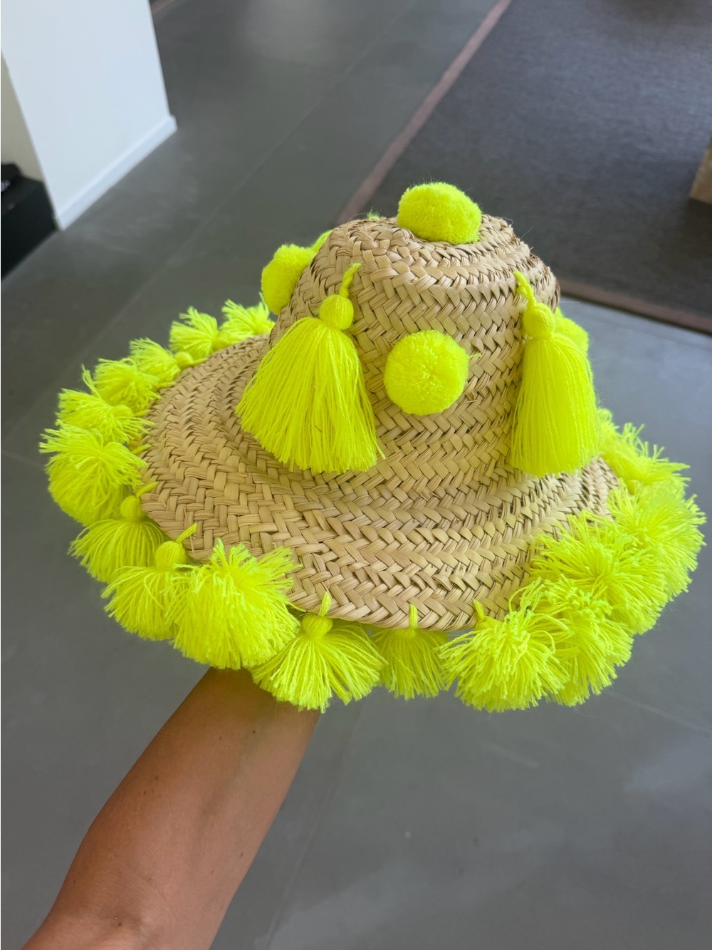 Handwoven Straw Sun Hat with Neon Yellow Tassels